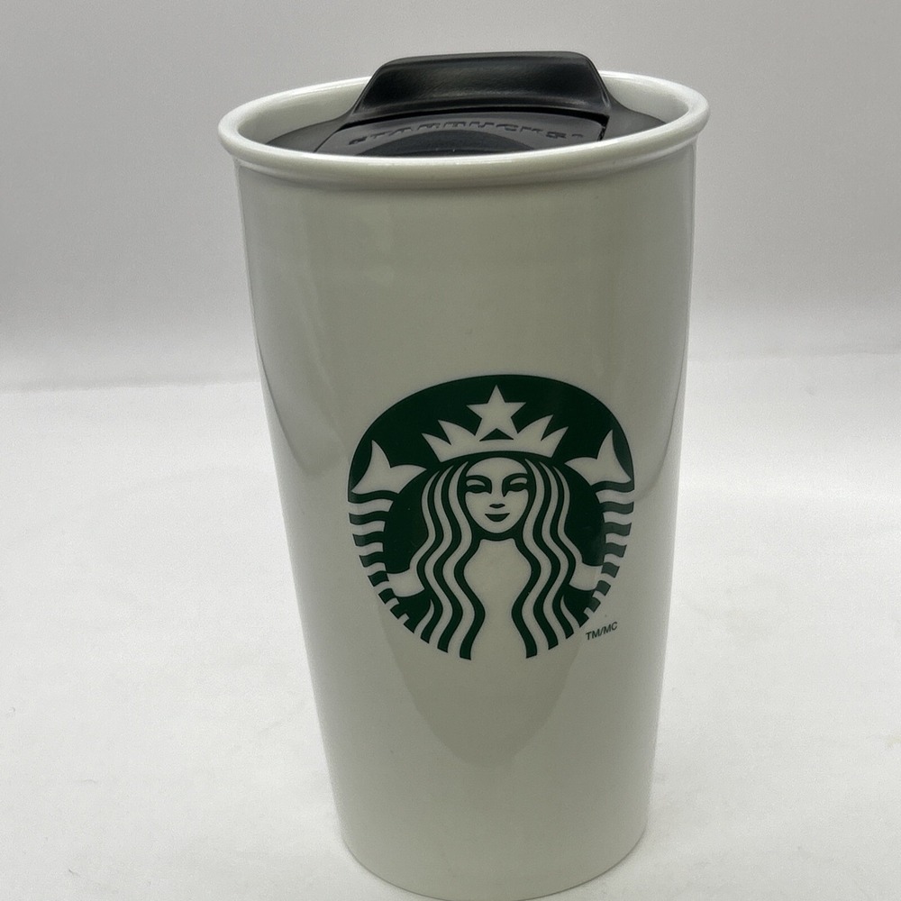 2011 Starbucks Green Siren Logo Ceramic Travel Mug 12 oz White Tumbler With Lid